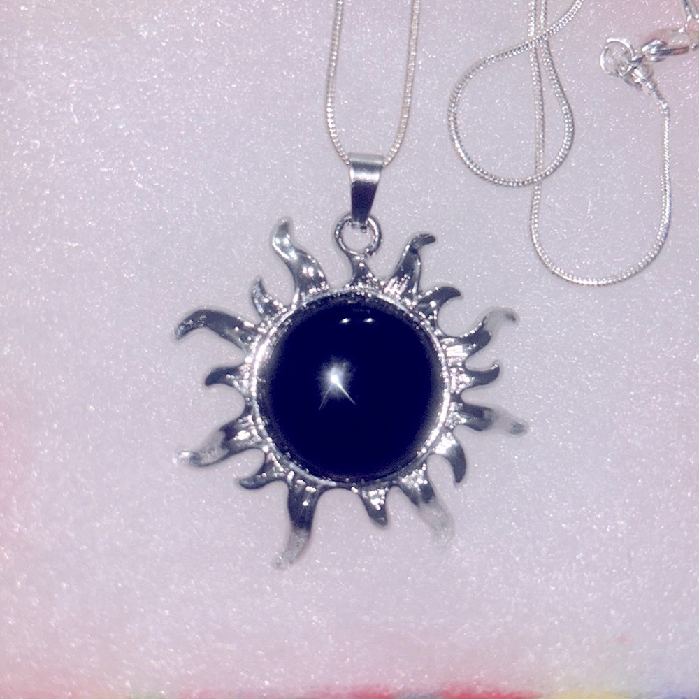 Boho hippie Onyx Crystal Sun Sterling Silver Necklace 24โ